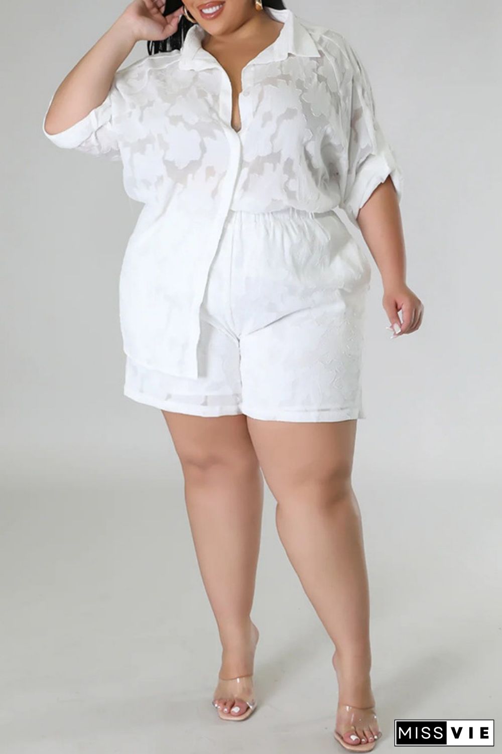 White Casual Solid Patchwork Shirt Collar Plus Size Two Pieces