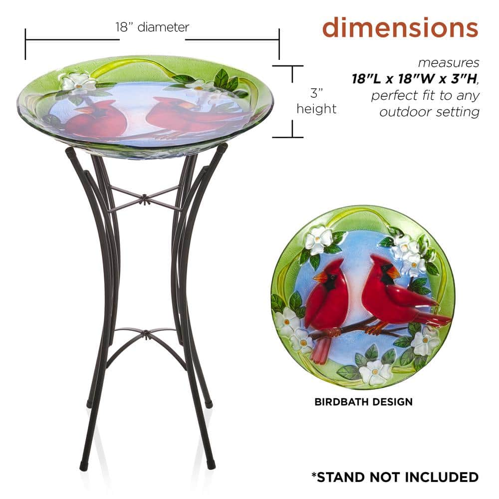 Alpine Corporation 18 in. Round Outdoor Birdbath Bowl Topper with Painted Red Cardinal and Floral Design KPP608T-18