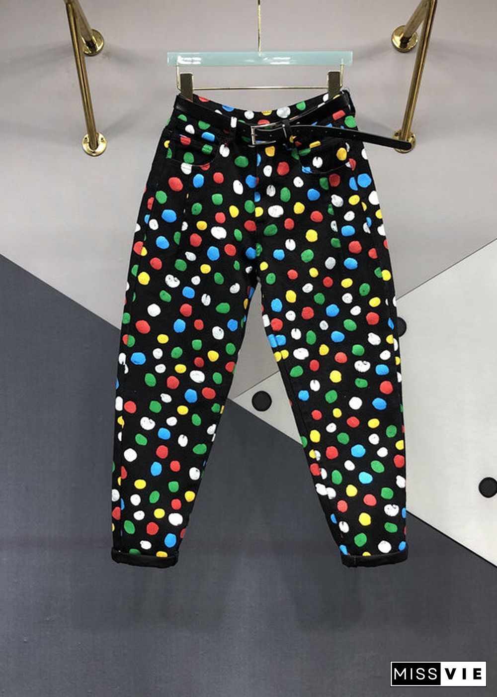 French Black Pockets Multi Dot Print Patchwork Denim Pants Fall