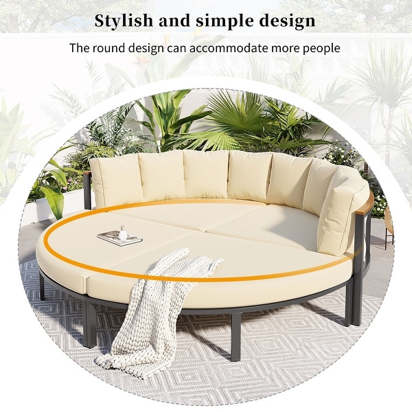 Roomfitters 4 Piece Round Outdoor Conversation Set，AllWeather Metal Sectional Sofa with Cushions，Ideal for Patio and Backyard