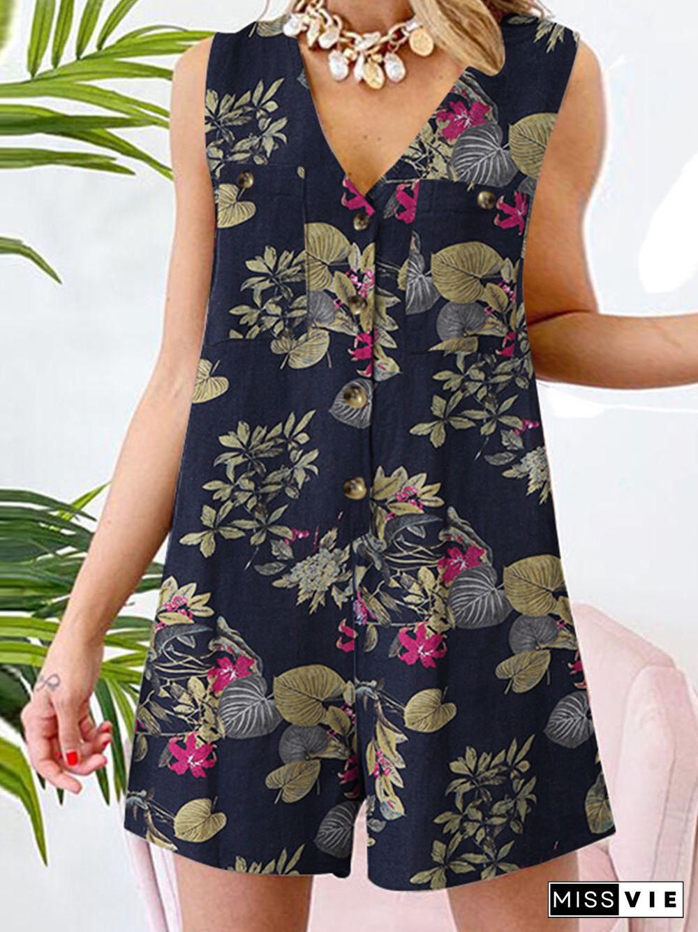 Plant Print Pocket Button Sleeveless V Neck Casual Cotton Romper