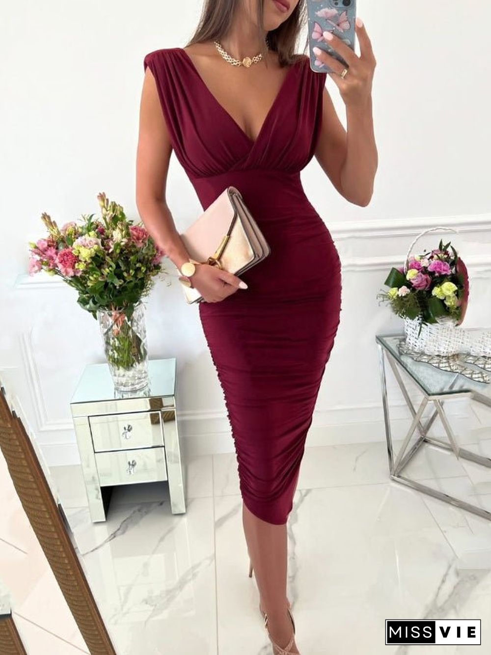 Women'S Dresses Solid V-Neck Sleeveless Skinny Dress