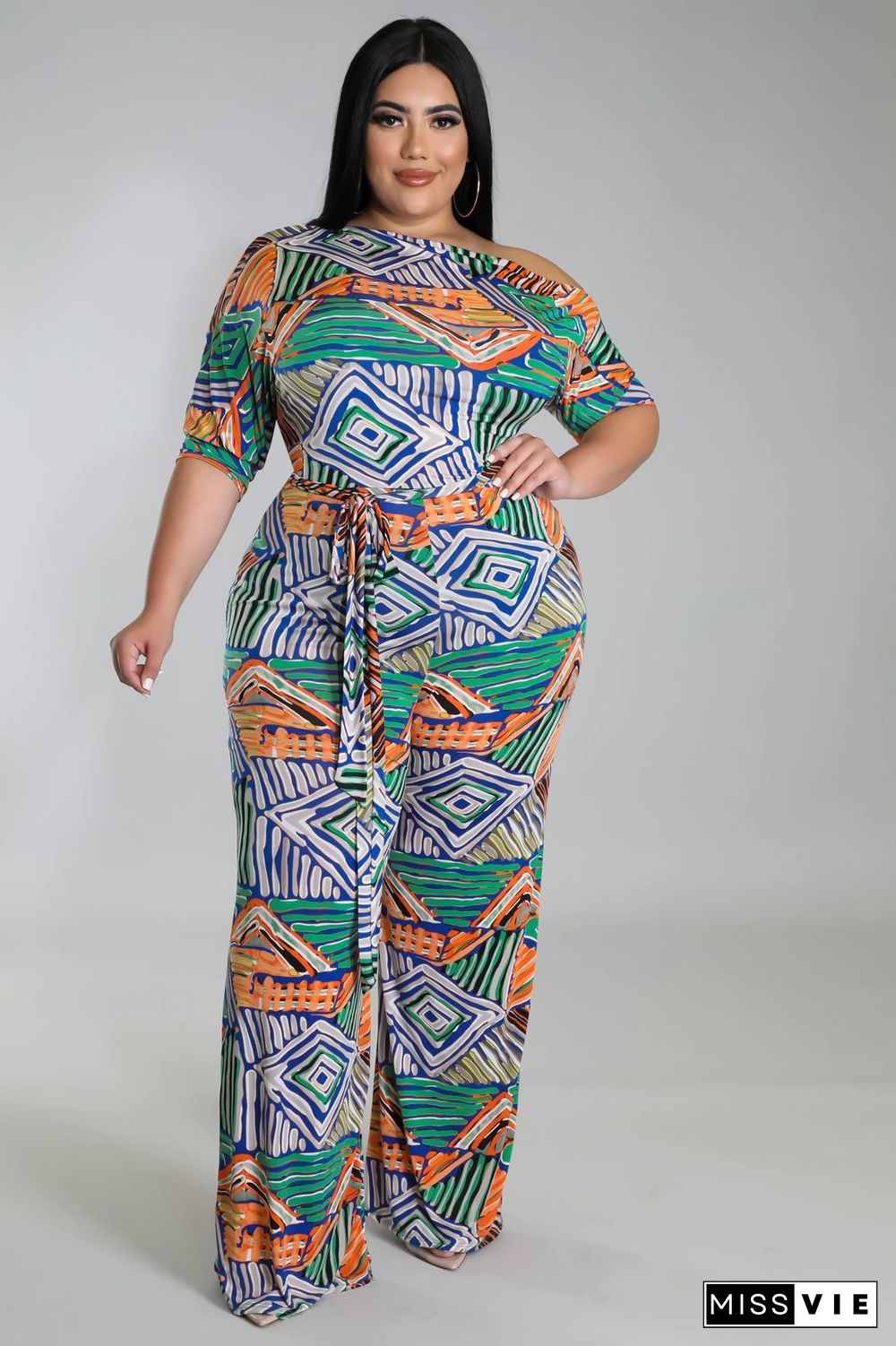 Off-the-shoulder Printed Plus Size Wide Leg Jumpsuit