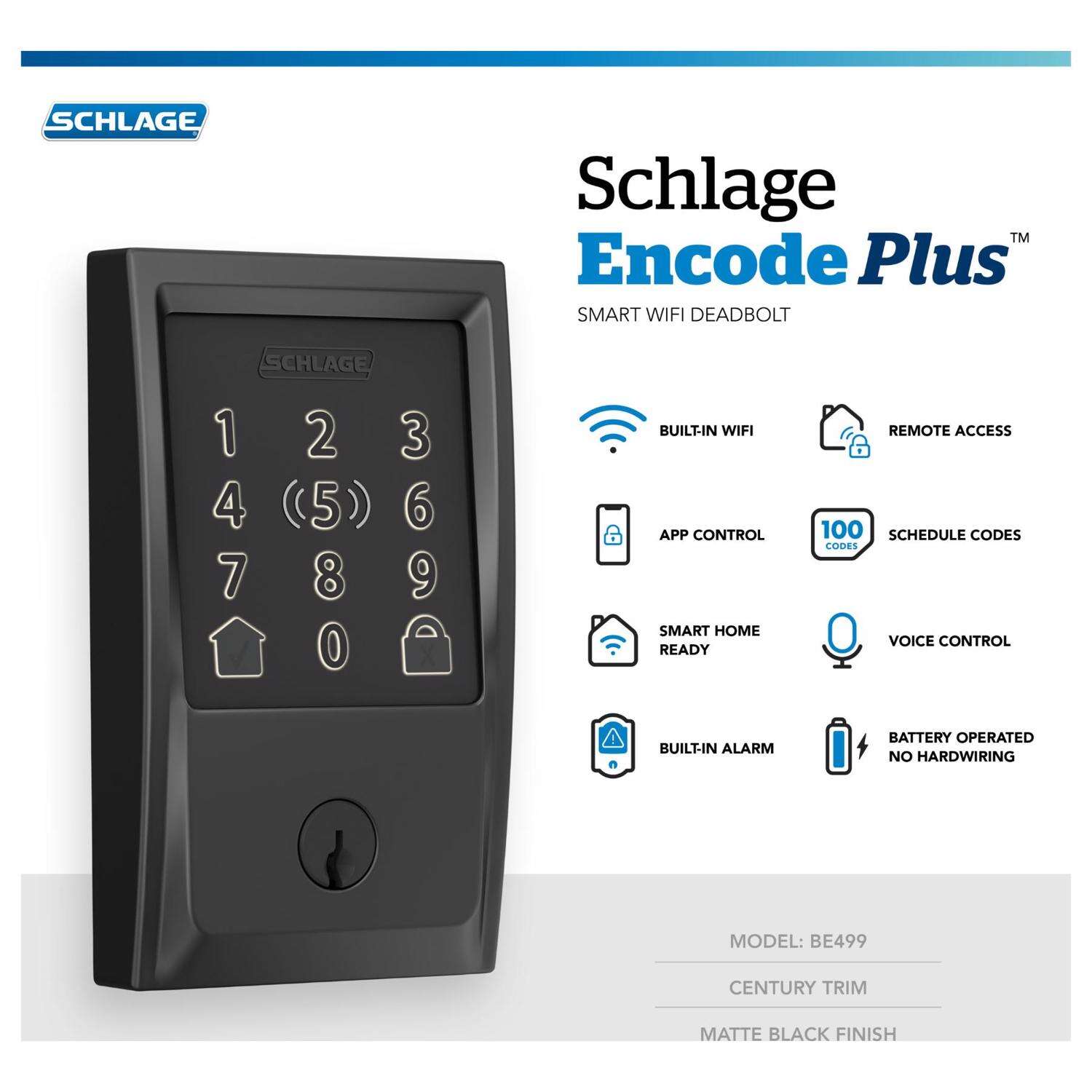 Schlage Encode Plus Matte Black Metal WiFi Deadbolt with Century Trim