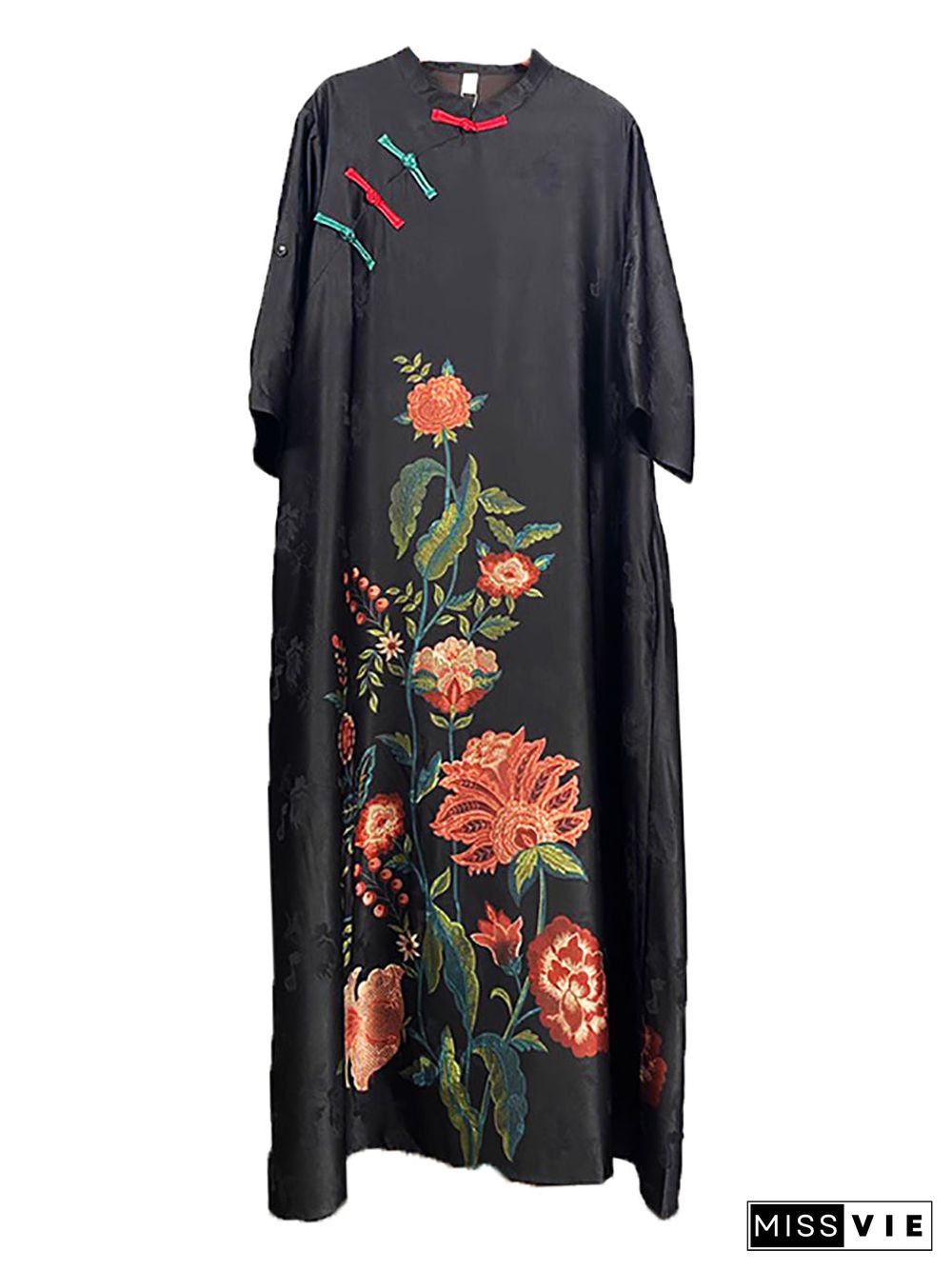 Plus Size Women Ethnic Flower A-shape Loose Dress