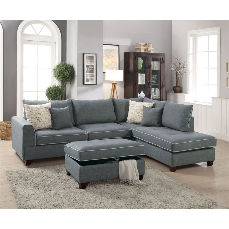 Bobkona Rianne Dorris Reversible Sectional with Storage Ottoman set in Slate.