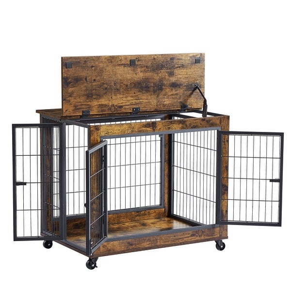 Dog Crate Side Table on Wheels with Double Doors and Lift Top