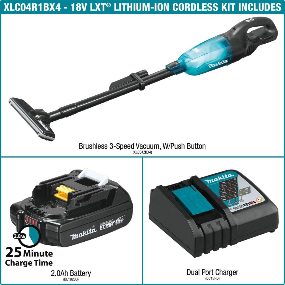 18V LXT? Lithium-Ion Compact Brushless Cordless 3-Speed Vacuum Kit， w/ Push Button (2.0Ah) ;