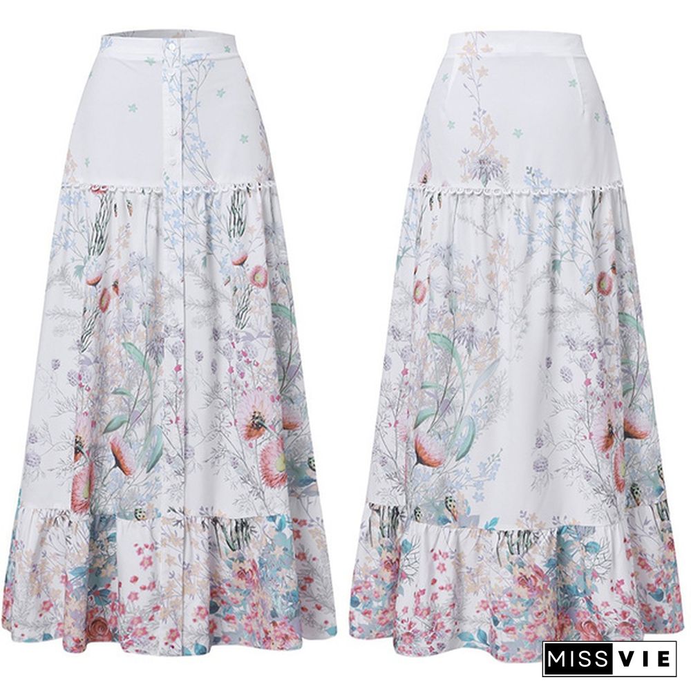 Women Summer Elastic Waist Floral Printed Beach Loose Long Skirts Ruffled Hem Dresses