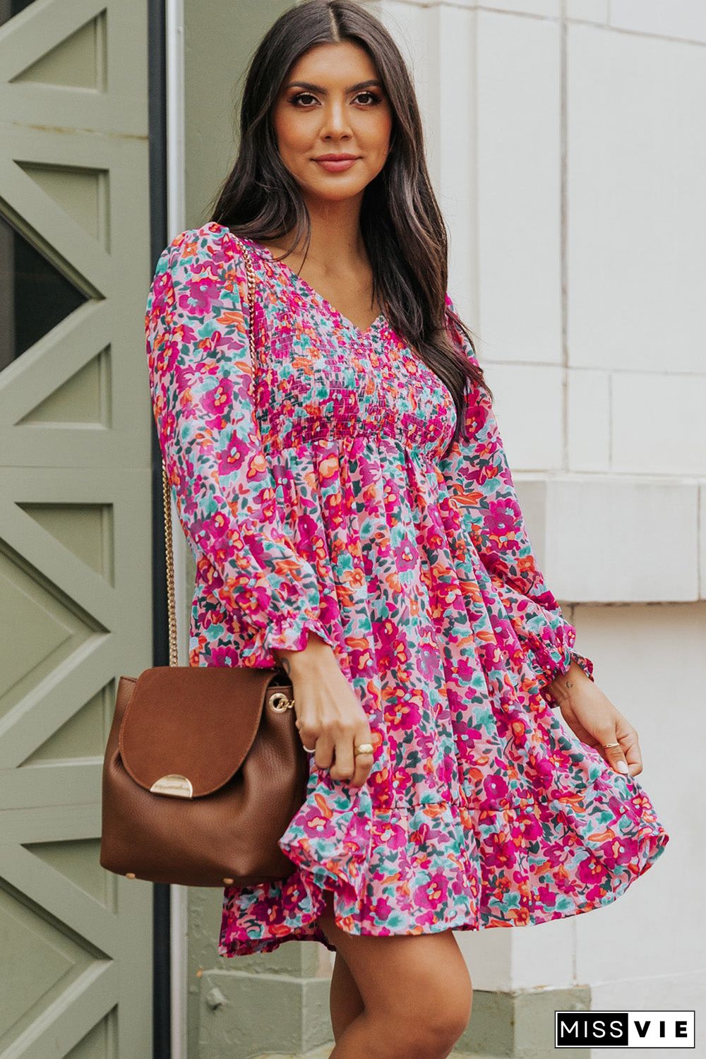 Purple Smocked V Neck Puffy Sleeve Floral Dress