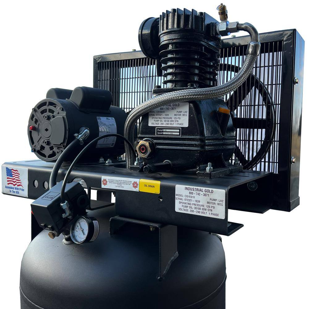 Industrial Gold 60 Gal. 5 HP Vertical 1-Phase Low RPM 175 PSI Electric Air Compressor with Quiet Operation CI51E63V