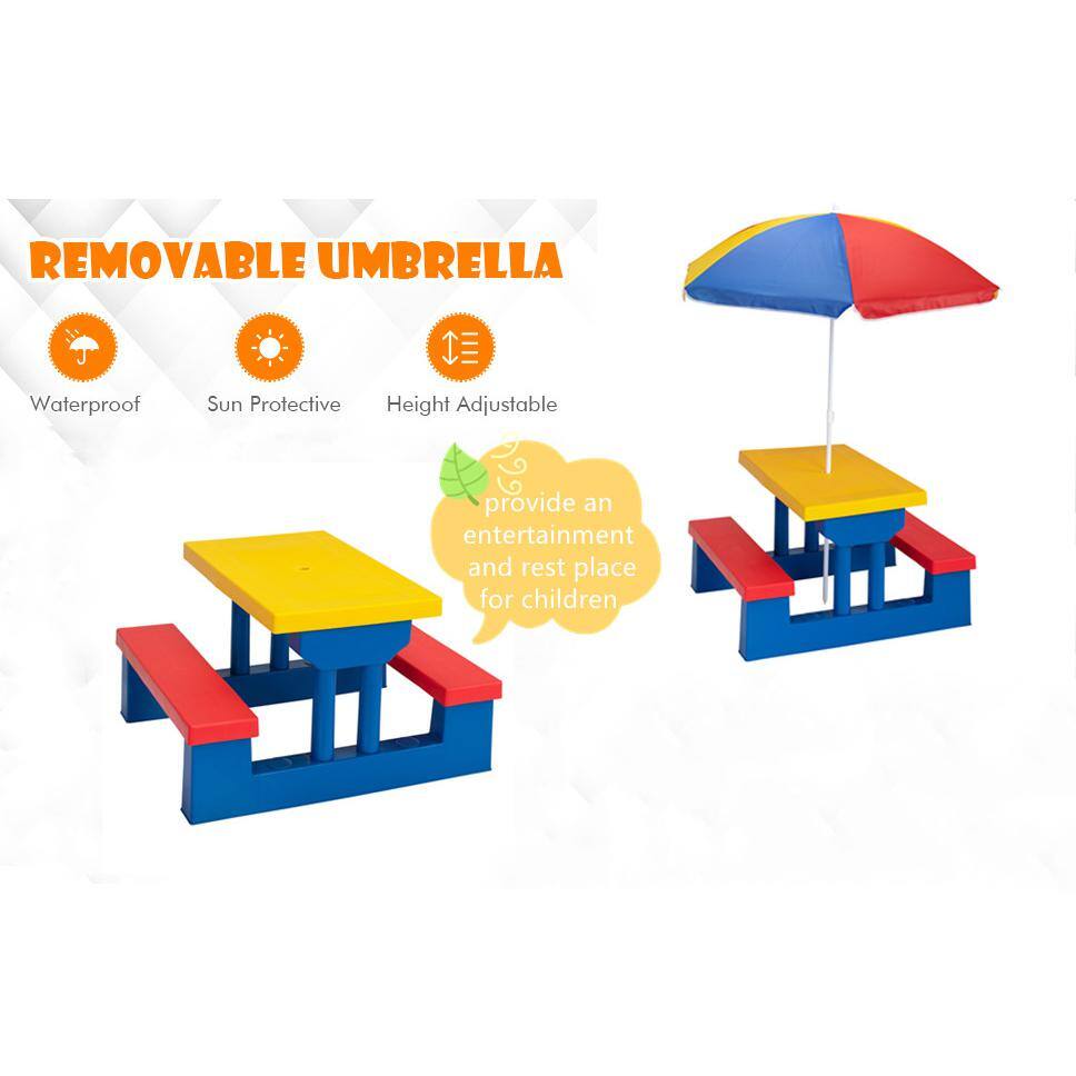 Afoxsos Kid Plastic Picnic Table Set Outdoor Children Patio Furniture Set for Backyard Garden with Umbrella HDMX2504