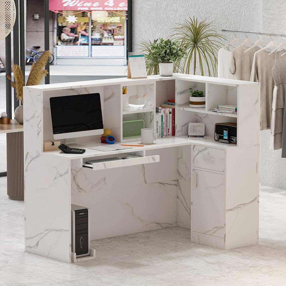 FUFUGAGA 55.9 in. L Shaped Marble Wood Reception Desk Computer Desk with Shelves and Cabinet Writing Table Workstation WFKF210088-03