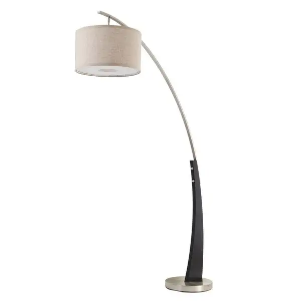 Q-Max Arched Floor Lamp with Drum Shade and Unique Black Wood Pole Base with Metal Base