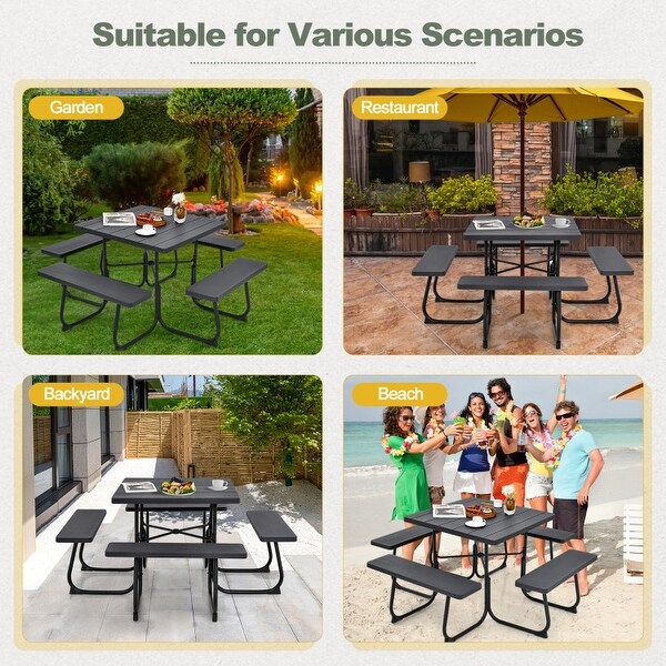 Outdoor Picnic Table with 4 Benches and Umbrella Hole