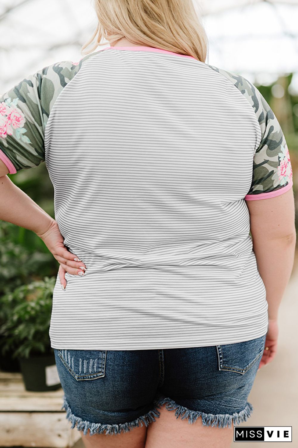 Gray Plus Size Camo Sleeve Striped Tee