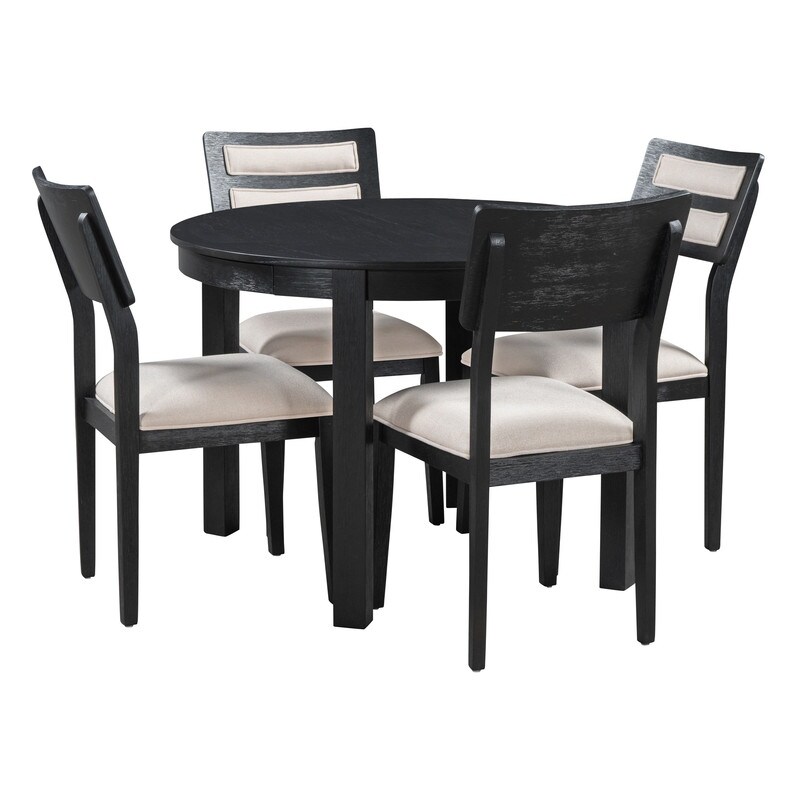 Farmhouse Style 5 Piece Multifunctional Dining Set with Extendable Round Table  Two Drawers and 4 Upholstered Dining Chairs