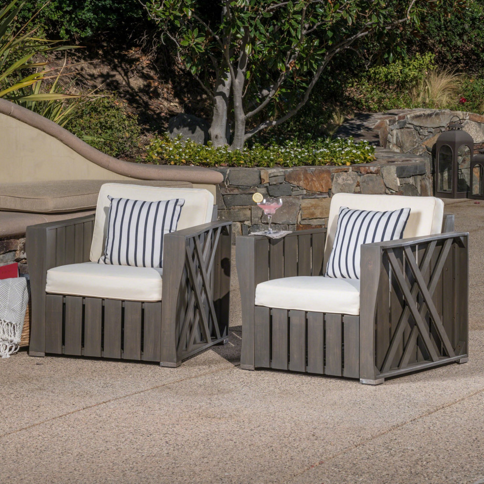 2 Pack Patio Chair  Acacia Wood Frame With X Accents  Seat Cushions  Cream/Gray   Transitional   Outdoor Lounge Chairs   by Declusia  Houzz