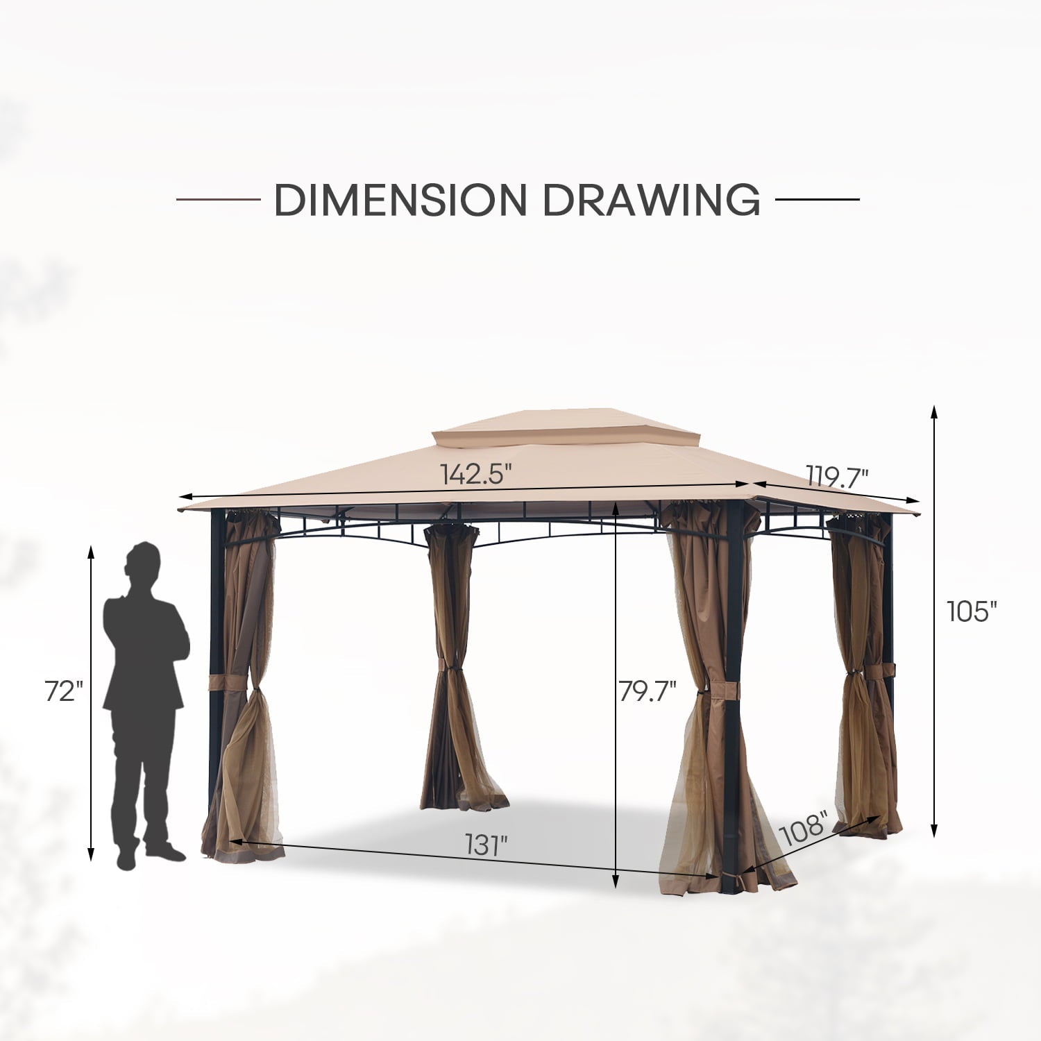 Finefind 10x12 Patio Gazebo with Mosquito Netting Outdoor Gazbeo Canopy Backyard Double Roof Vented, Sand