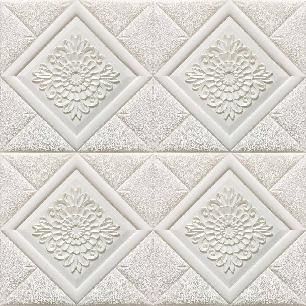 Dundee Deco Falkirk Jura II 28 in. x 28 in. Peel and Stick Off White Flowers in Diamonds PE Foam Decorative Wall Paneling (10-Pack) HDJN-R301-10