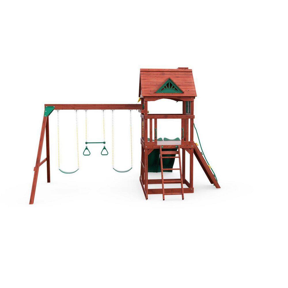 Gorilla Playsets Double Down II Wooden Outdoor Playset with 2 Wave Slides Rock Wall Sandbox and Backyard Swing Set Accessories 01-0036