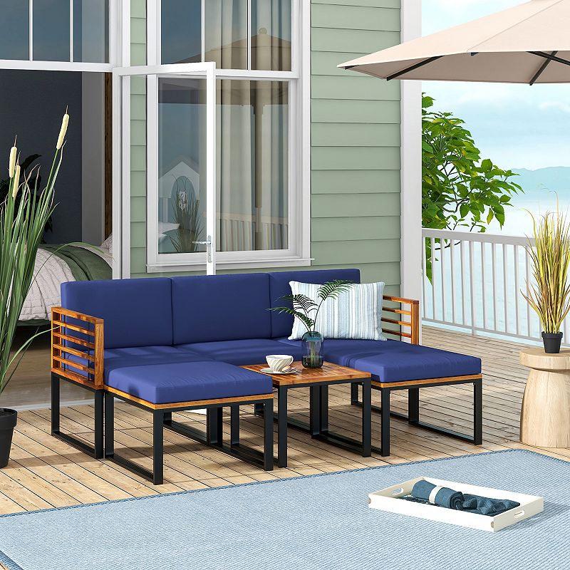 6 Piece Patio Acacia Wood Conversation Sofa Set with Ottomans and Coffee Table-Navy