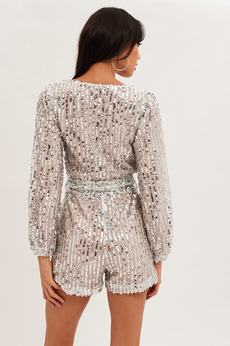 Silver Playsuit Long Sleeve V Neck Party Sequin