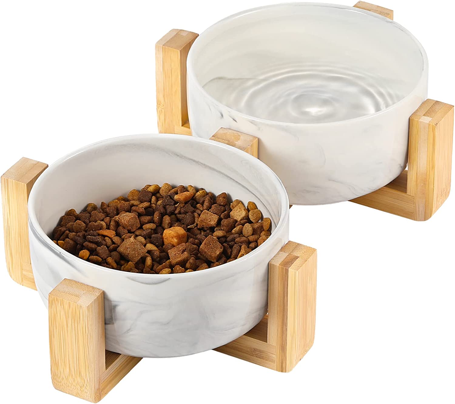 Pawaboo Ceramic Dog Bowls Cat Food and Water Bowls Set with Wooden Stand & Non-Slip Silicone Pad, Modern Cute Bowl Set for Small Size Dogs and Cats (15.2OZ ) & Medium Sized Dogs (28OZ), 6inch-Ink