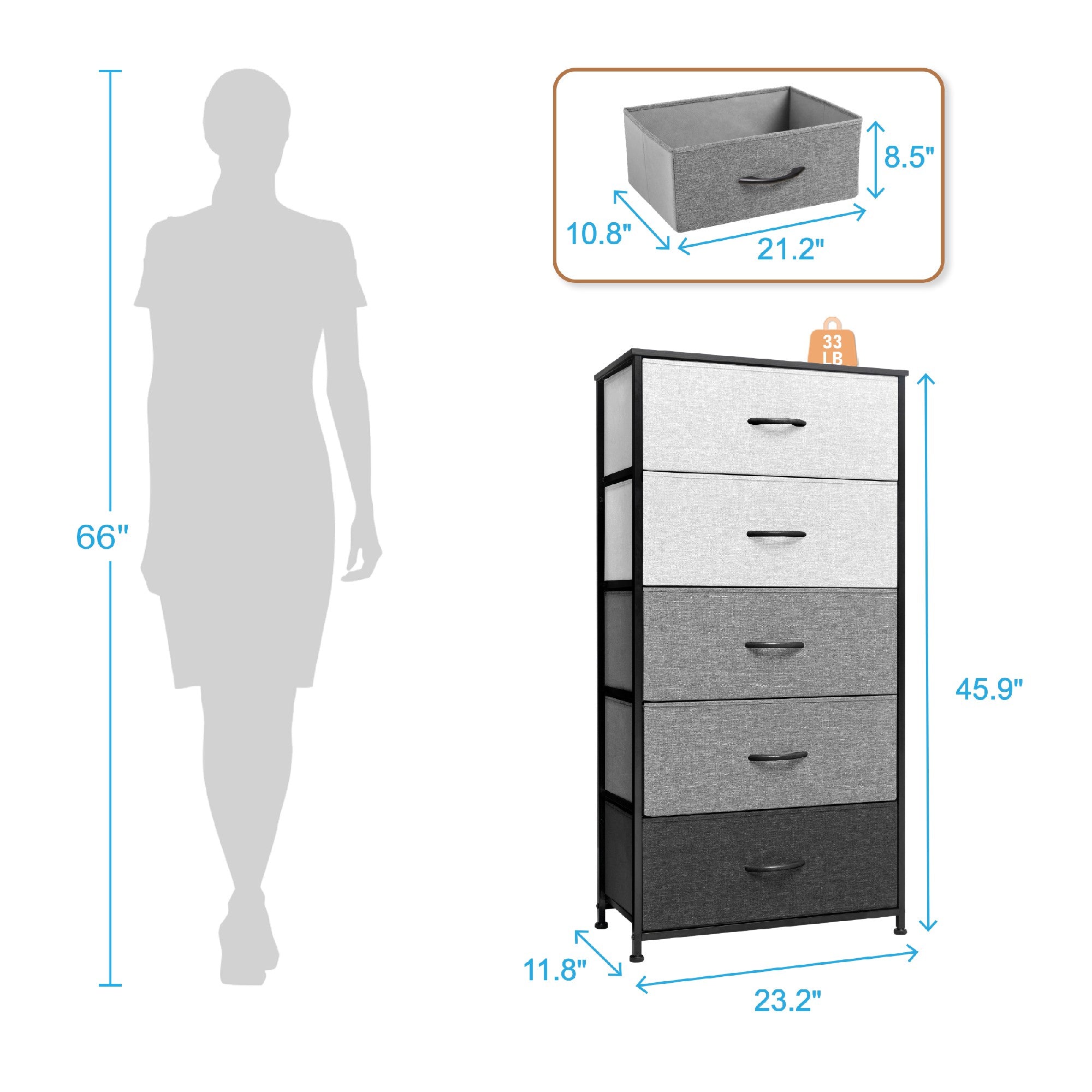 Vredhom 5 Drawers Vertical Dresser Storage Tower  in Gray & Black