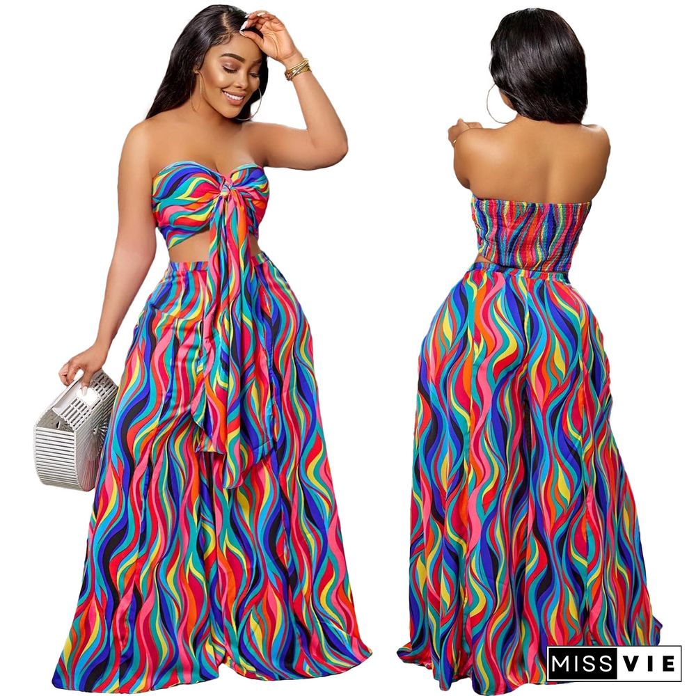 Spring/Summer Colorful Print Tube Top Wide Leg Pants Set