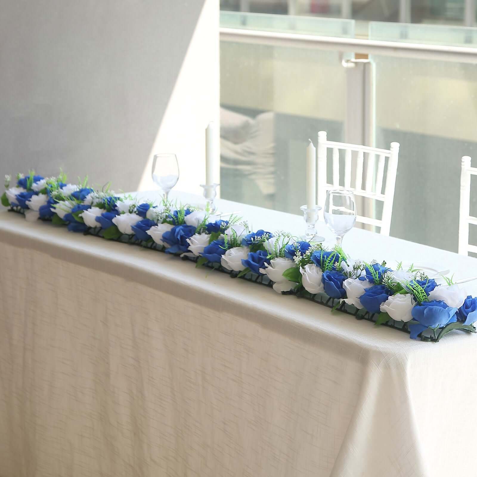 6 Pack White Royal Blue Silk Rose Flower Panel Table Runner, Artificial Floral Arrangements Dining Table Decor - 20