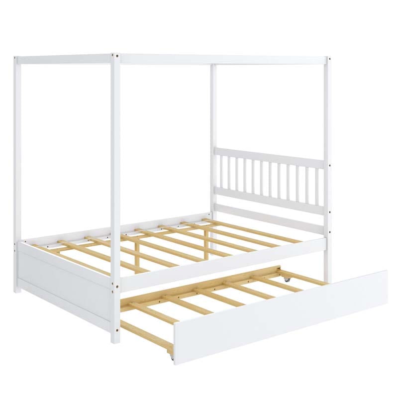 Full Size Canopy Bed with Trundle, Solid Wood Platform Bed Frame with Headboard, Full Bed for Kids Teens Adults