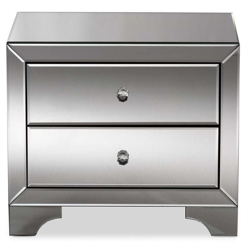 Home Square 2 Drawer Nightstand Set in Mirrored Silver Gray (Set of 2)