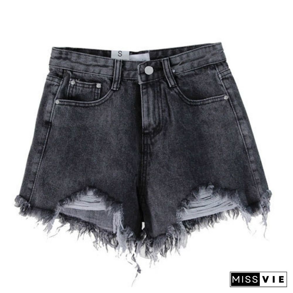 High waist denim shorts women summer new style ripped wide leg shorts with raw edges