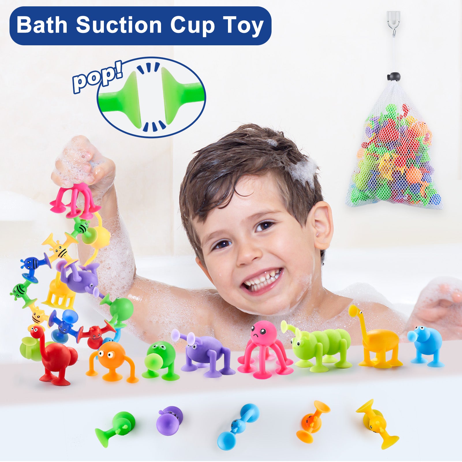 Suction Toys for Baby，Bath Toys for Kids Ages 4-8，40 Pieces Toddler Stress Release Sensory Toys，Silicone Suction Cup Animal with Dinosaur Eggshell Storage，Educational Gift for Boys Girls Age 3+