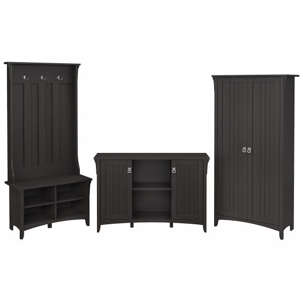 Bush Furniture Salinas Entryway Storage Set with Hall Tree， Shoe Bench and Accent Cabinets in Vintage Black