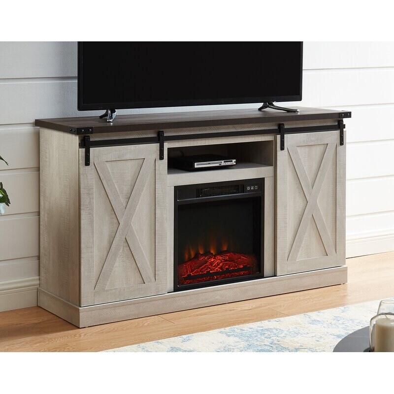 Fireplace TV Stand   Sliding Barn Door Farmhose Entertainment Center with 18'' Electric Fireplace Storage Cabinet