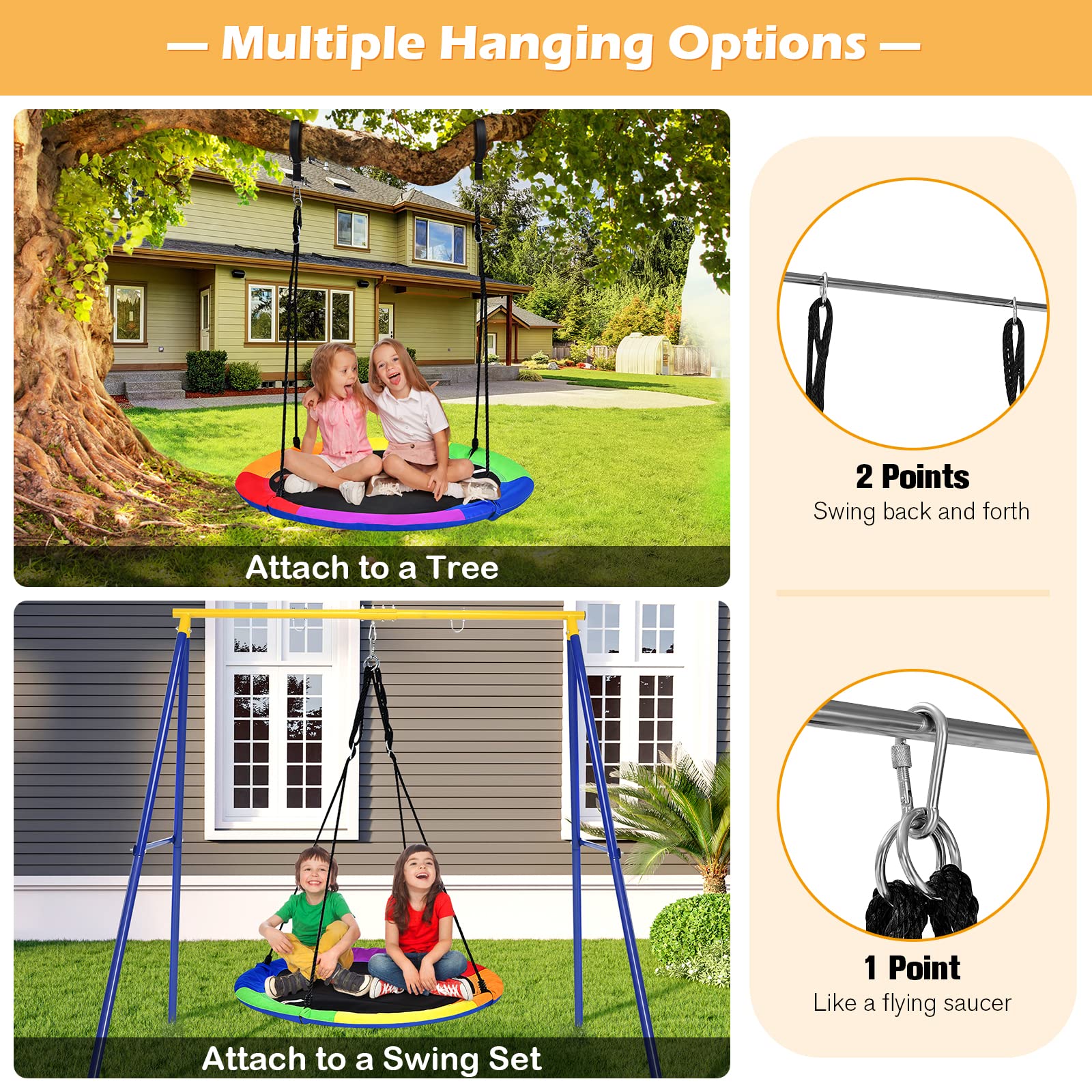 Costzon 550lbs Swing Frame Stand with 40'' Saucer Swing, A-Frame Swing Sets(Swing Frame with Reversible Swing)