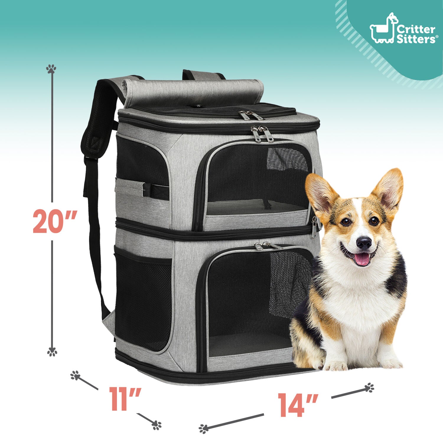 Critter Sitters Double Decker Grey Pet Backpack for Small Dogs， Cats with Scratch Resistant Breathable Mesh Windows | Airline Carry-On Approved | Safety Leash | Storage Pockets | Animal Transportation