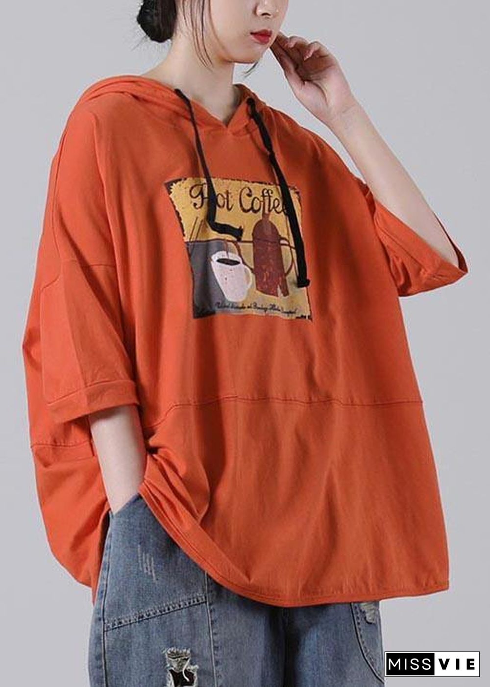 Plus Size Orange Print Cotton Sweatshirts Top