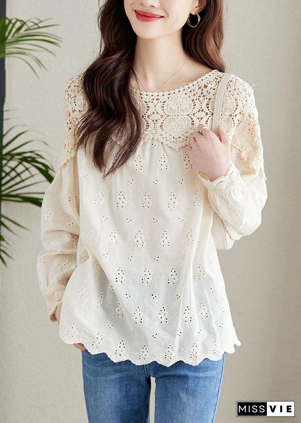 French Apricot Hollow Out Lace Patchwork Cotton Shirts Top Spring