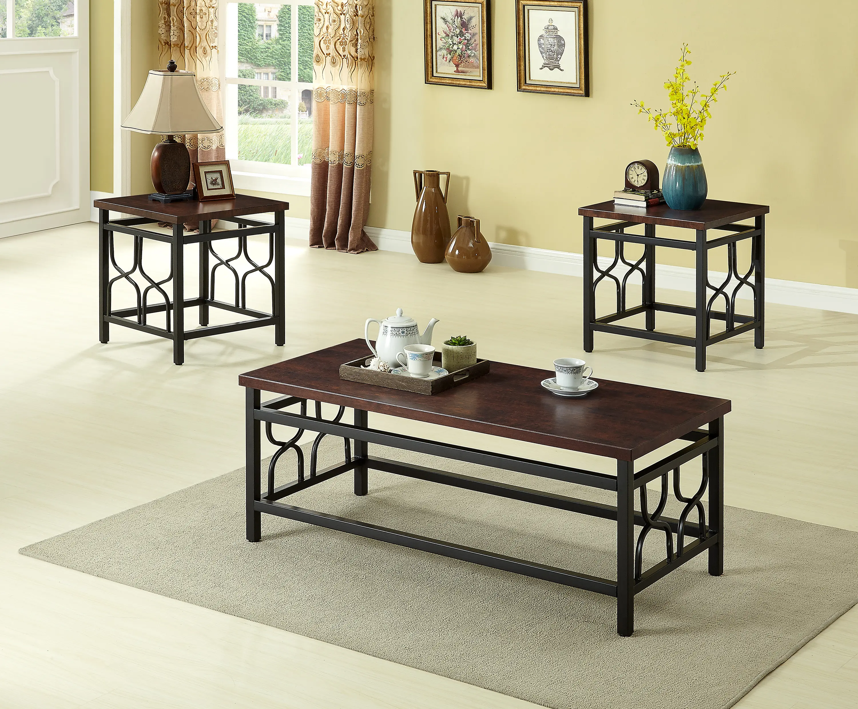 Benjamin Black Metal Table with Cherry Top， Set of 3