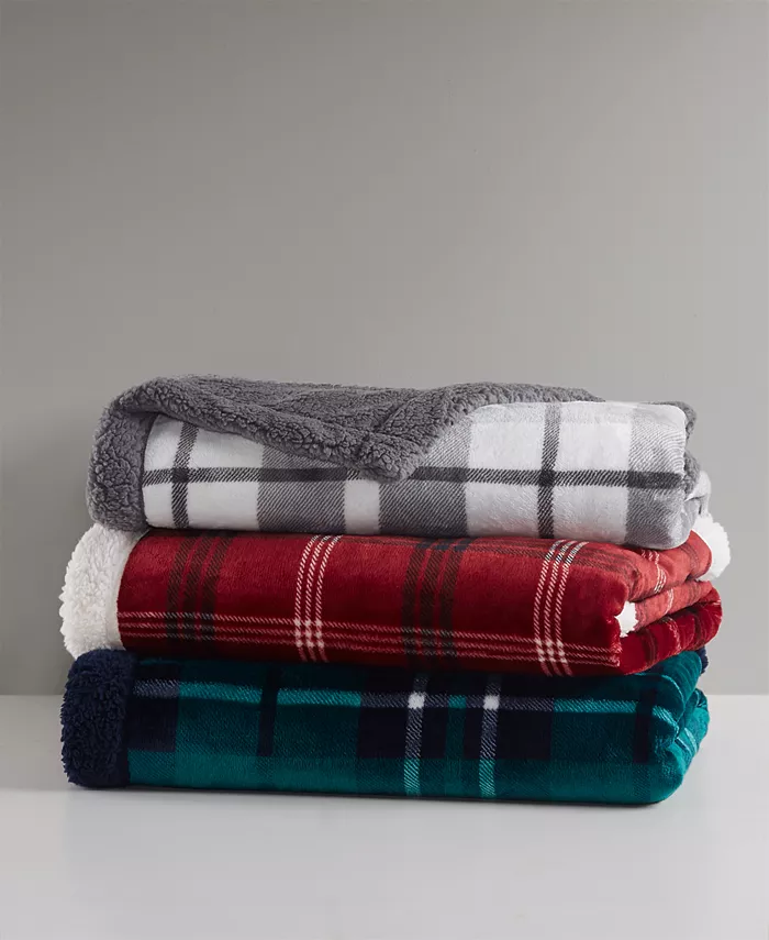 Charter Club Plaid Plush Reversible Sherpa Throw， 50