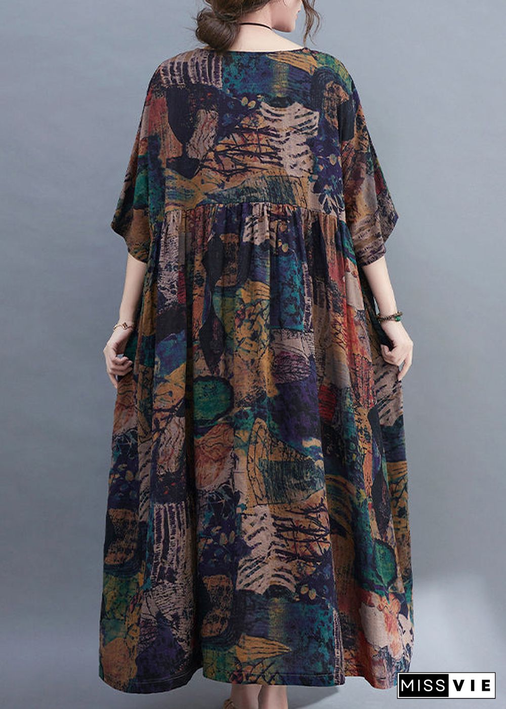 Original Design O-Neck wrinkled Print Loose Long Dress Short Sleeve