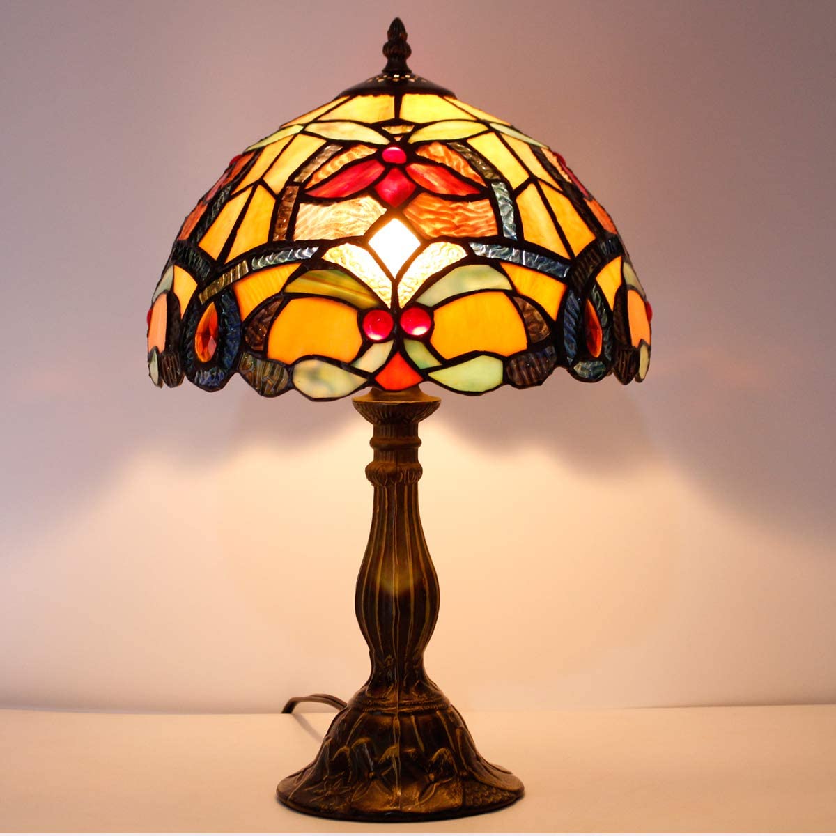 SHADY Tiffany Table Lamp Orange Stained Glass Flower Liaison Style Reading Desk Bedside Light 12X12X18 Inches Decor Bedroom Living Room Home Office S617 Series