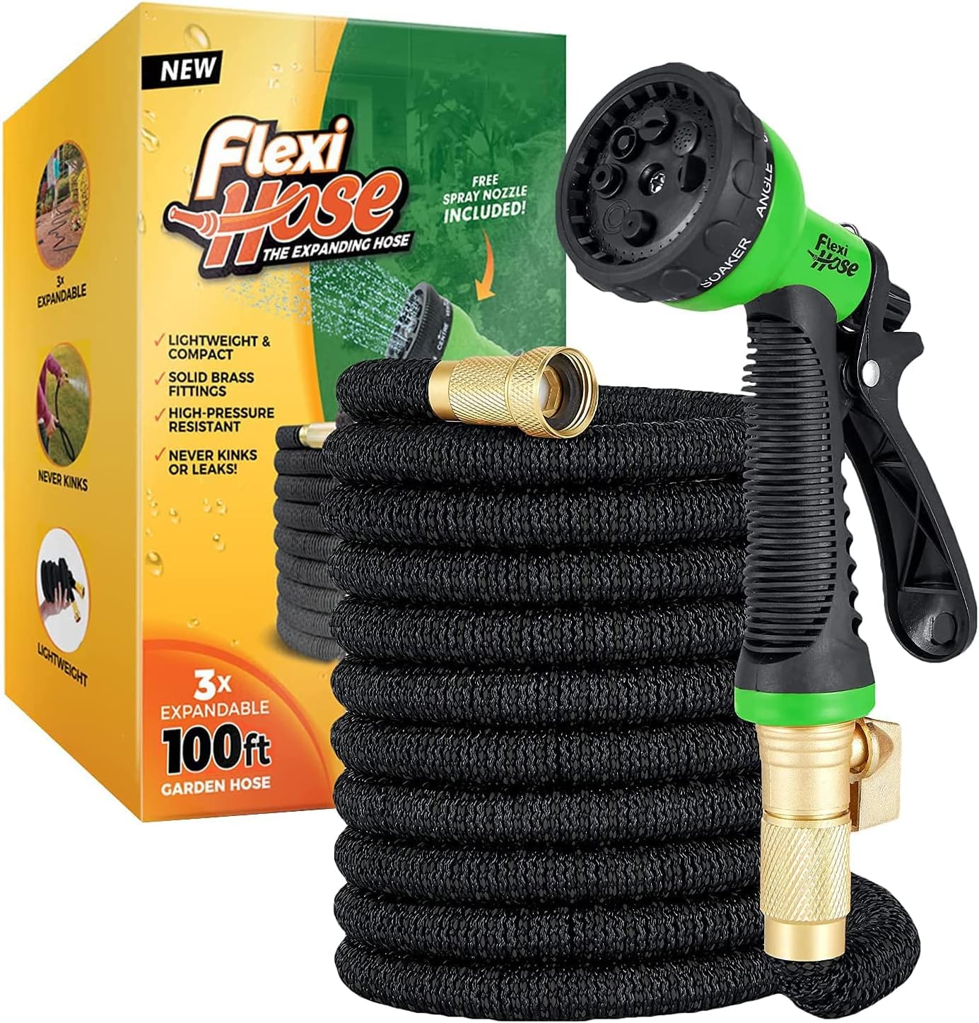 Flexi Hose with 8 Function Nozzle Expandable Garden Hose, Lightweight & No-Kink Flexible Garden Hose, 3/4 inch Solid Brass Fittings and Double Latex Core, 50 ft Blue Black