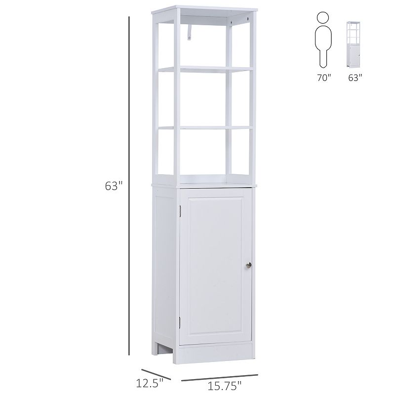 kleankin Tall Bathroom Storage Cabinet Freestanding Linen Tower with 3 Tier Open Shelf and Cupboard Slim Floor Organizer Grey