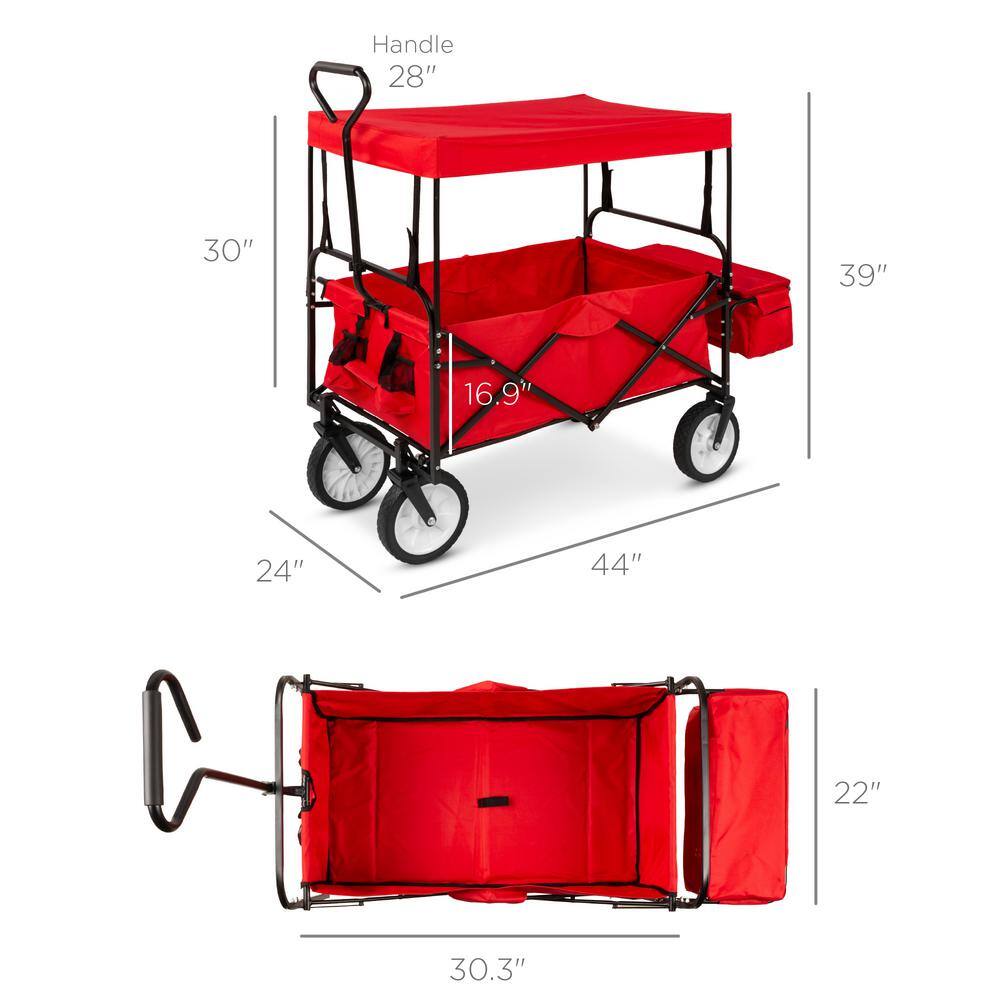 Best Choice Products 24 in. x 39 in. Utility Cargo Wagon Foldable Cart wRemovable Canopy Cup Holders in Red SKY1882