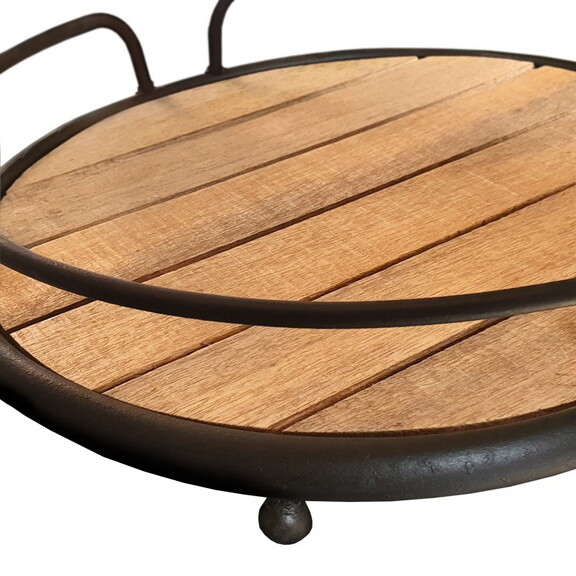 Round Tubular Metal Frame Tray with Plank Style Wo...