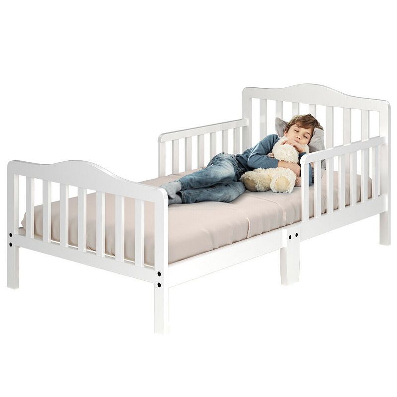 Classic Design Kids Wood Toddler Bed Frame with Two Side Safety Guardrails